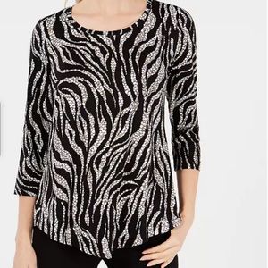 JM Collection Macys Zebra Printed 3/4 Sleeve Petite Scoop Neck Top